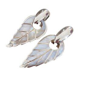 vintage carved mother of pearl leaf pendant earrings 70s